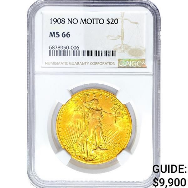 1908 No Motto $20 Gold Double Eagle NGC MS66