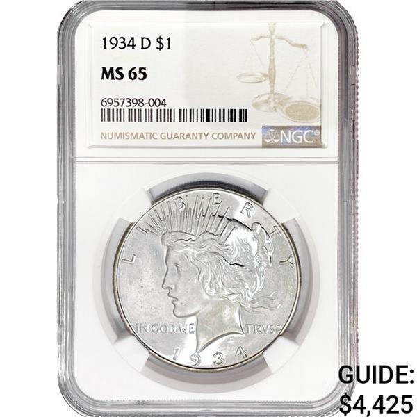 1934-D Silver Peace Dollar NGC MS65