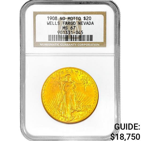 1908 No Motto $20 Gold Double Eagle NGC MS67 Wells