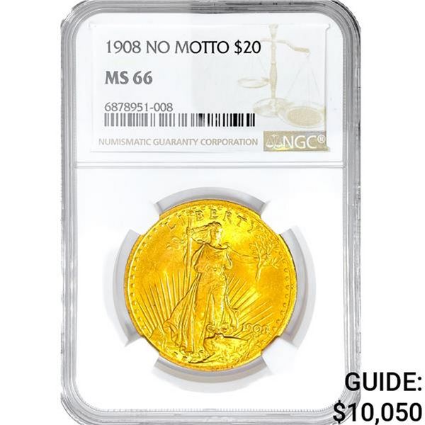 1908 No Motto $20 Gold Double Eagle NGC MS66
