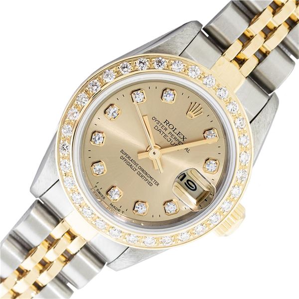 Rolex Ladies 2 Tone Quickset Champagne Diamond No Hole Datejust Wristwach