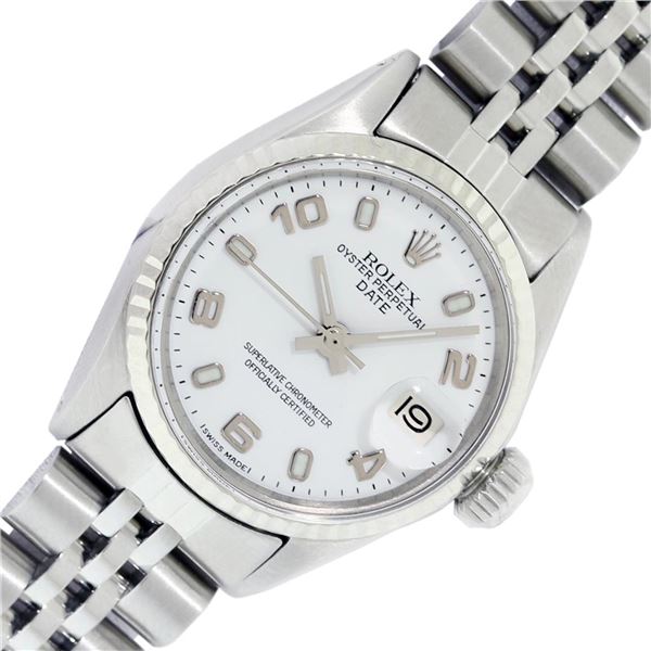 Rolex Ladies Stainless White Arabic Date Wristwatch