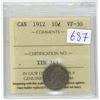 Image 1 : 1912 ICCS Graded, Canadian silver 10 cent coin - VF30