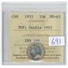 Image 1 : 1953 ICCS Graded, Canadian silver 10 cent coin - MS63