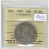 Image 1 : 1929, ICCS Graded Canadian silver 50 cent coin - VG-10