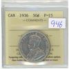 Image 1 : 1936, ICCS Graded Canadian silver 50 cent coin - F-15