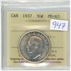 Image 1 : 1937, ICCS Graded Canadian silver 50 cent coin - MS-63