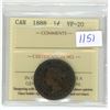 Image 1 : 1888 ICCS Graded. Canadian large 1 cent penny coin - VF20