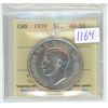 Image 1 : 1939 ICCS Graded, Canadian "Parliament" silver dollar - AU55