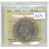 Image 1 : 1945 ICCS Graded, Canadian voyageur silver dollar - MS62