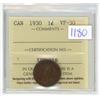 Image 1 : 1930 ICCS Graded, Canadian 1 cent penny coin - VF30