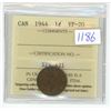 Image 1 : 1944 ICCS Graded, Canadian 1 cent penny coin - VF20