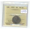 Image 1 : 1922 ICCS Graded, Canadian 5 cent nickel coin - VF30