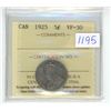 Image 1 : 1925 ICCS Graded, Canadian 5 cent nickel coin - VF30