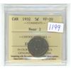Image 1 : 1932 ICCS Graded, Canadian 5 cent nickel coin - VF20