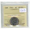 Image 1 : 1945 ICCS Graded, Canadian 5 cent nickel coin - AU55