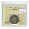 Image 1 : 1900 ICCS Graded, Canadian 25 cent silver coin - F12