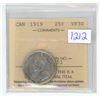 Image 1 : 1919 ICCS Graded, Canadian 25 cent silver coin - VF30