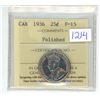 Image 1 : 1936 ICCS Graded, Canadian 25 cent silver coin - F15
