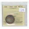 Image 1 : 1945 ICCS Graded, Canadian 25 cent silver coin - MS63