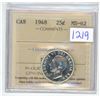 Image 1 : 1948 ICCS Graded, Canadian 25 cent silver coin - MS62
