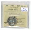 Image 1 : 1953 ICCS Graded, Canadian 25 cent silver coin - MS62
