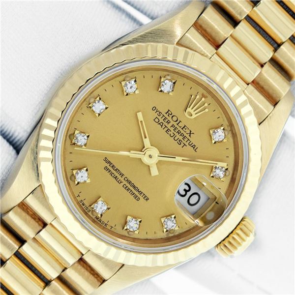 Rolex Ladies 18K Yellow Gold Factory Champagne Diamond President Wristwatch With Box