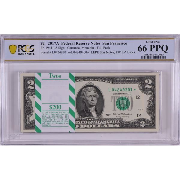Pack 2017A $2 Federal Reserve STAR Notes San Francisco Fr.1941-L* PCGS Gem UNC 66PPQ