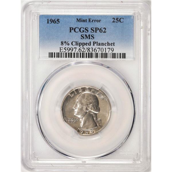 1965 SMS Washington Quarter Coin Mint Error 8% Clipped Planchet PCGS SP62