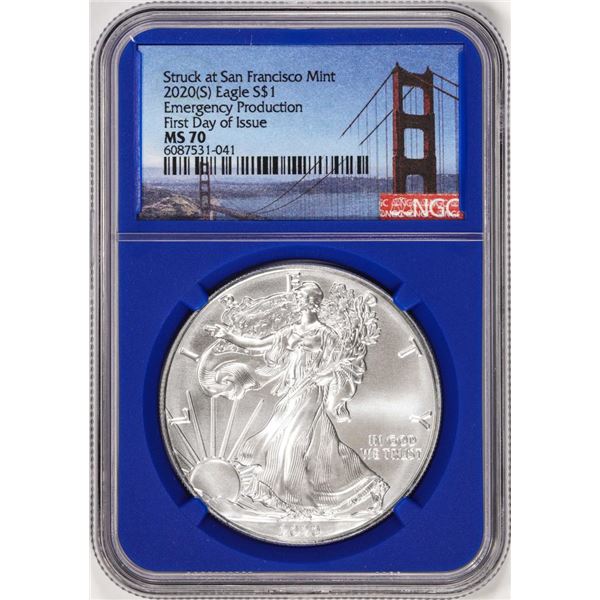 2020(S) $1 American Silver Eagle Coin NGC MS70 FDOI San Francisco Mint Blue Core