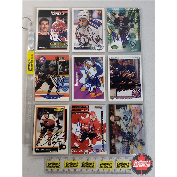 Hockey Cards 1980's-1990's Variety - Signed (3 Sheets ~ 9 Per Sheet) : Incl. Mike Ridley, Peter Zeze