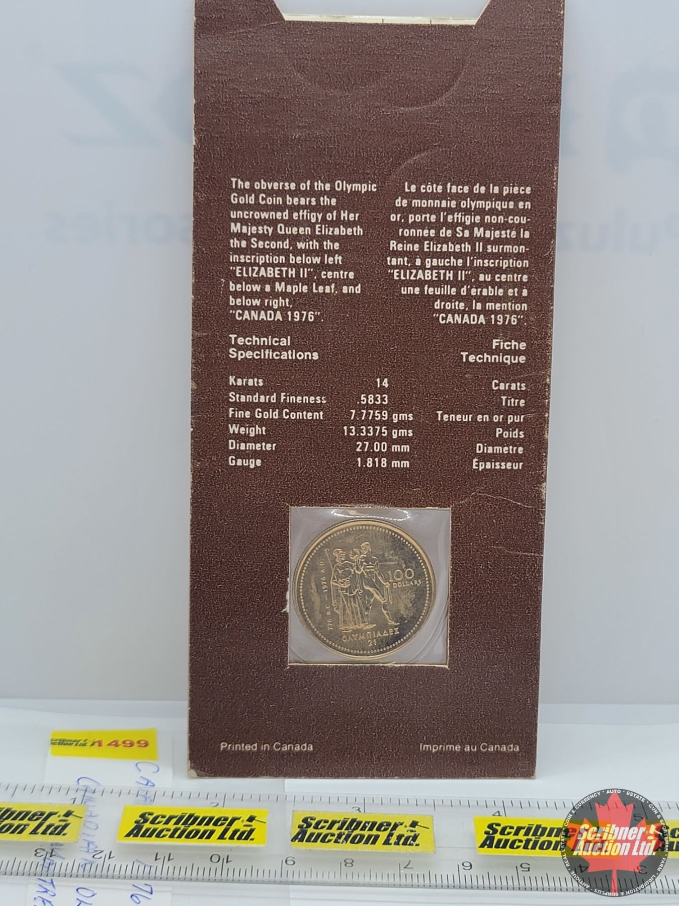 Canadian Olympic $100 Gold Coin : Montreal 1976 (14Karat : 7.7759 Grams ...