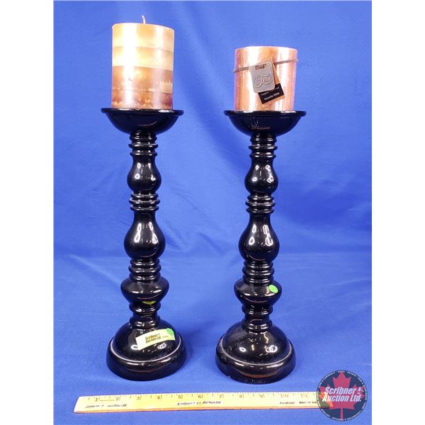 HOME DÉCOR : Wooden Handle Holders & Candles (2) ( 14"H x 4"Dia) (SEE PICS!)