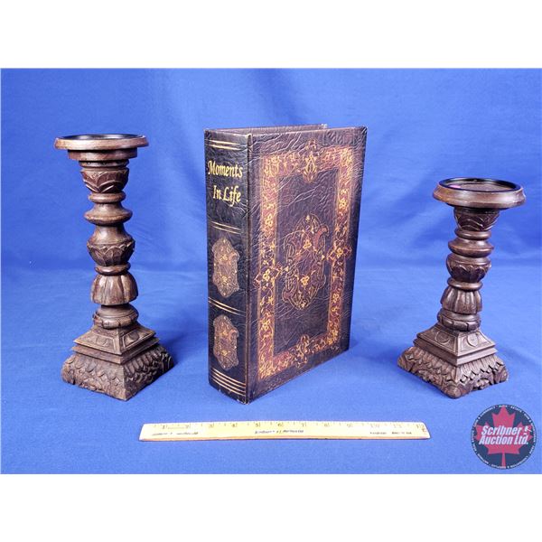 HOME DÉCOR : Wooden Candle Sticks w/Vintage Style Book Shaped Trinket Storage Box (Book Box Measures