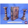 Image 1 : HOME DÉCOR : Wooden Candle Sticks w/Vintage Style Book Shaped Trinket Storage Box (Book Box Measures