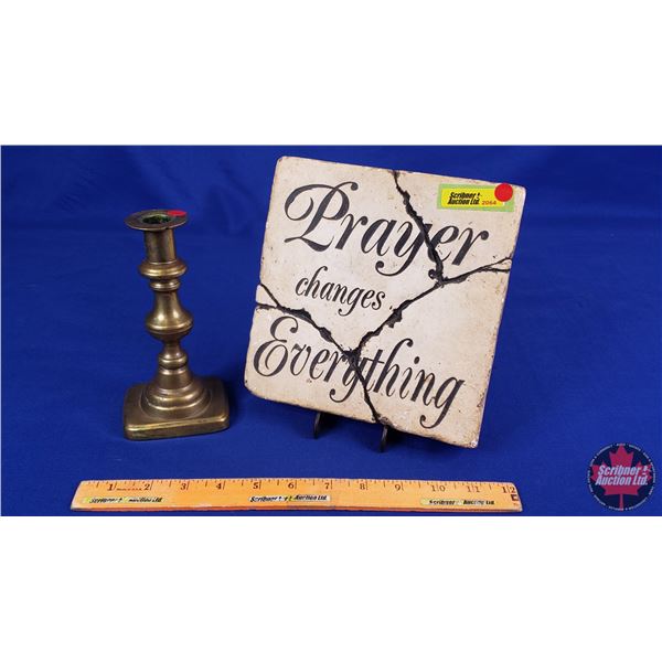 HOME DÉCOR : Stone "Prayer Changes Everything" Wall Plaque & Brass Candle Holder (Sign Measures : 8-