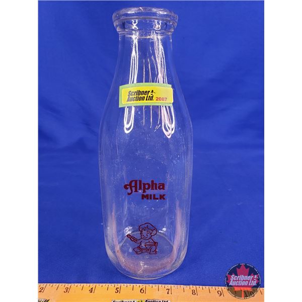  Alpha Milk  Glass Milk Bottle (10-1/2 H x 3-3/4 W x 3-3/4 D) (SEE PICS!)