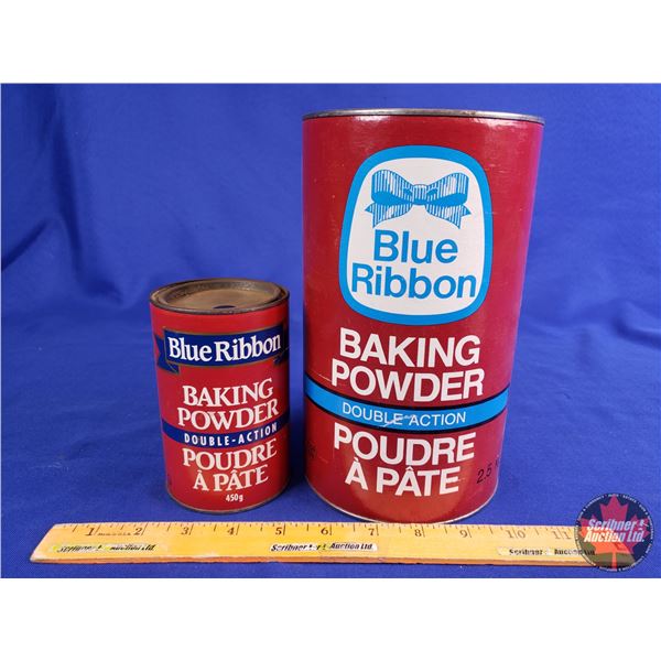 Blue Ribbon Baking Powder Tins (2) (Largest Measures : 8-1/2 H x 5 Dia) (SEE PICS!)