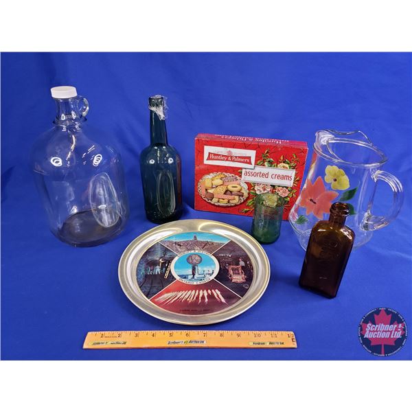 Collector Combo : Ontario Canada Tray, Glass Bottles, Huntley & Palmers Cookie Box, Pitcher, Sprite 