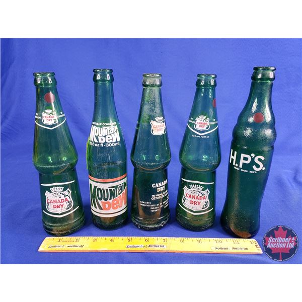 Green Glass Pop Bottles (5): Canada Dry (3), Mountain Dew & H.P'S. (H.P'S Measures : 10"H) (SEE PICS