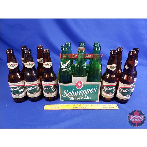 Lethbridge Beer Bottles (9), Variety Green Glass Pop Bottles (6) & 6 Bottle Cardboard Schweppes Ging