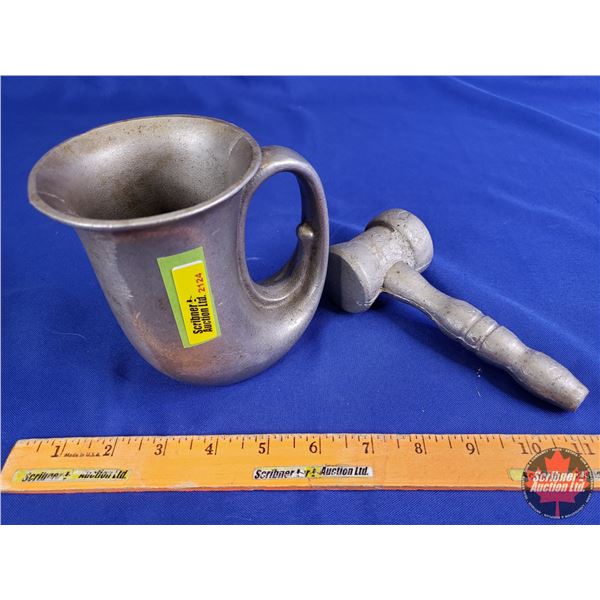 Vintage Pewter Horn-Shaped Tankard w/Aluminum Mallet (Cup Measures : 5"H x 3-1/2"Dia) (SEE PICS!)