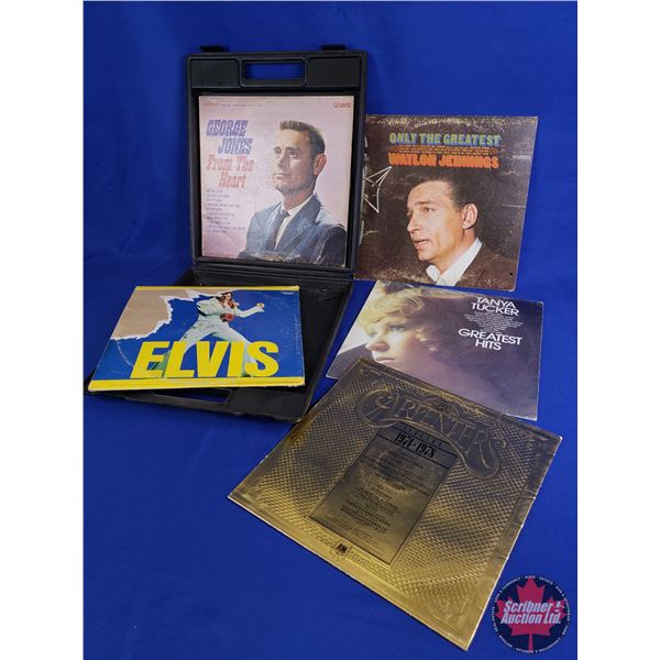 Hard Case Album Carrier w/Albums (5) Incl : The Carpenters, Waylon Jennings, Elvis, Tanya Tucker & G