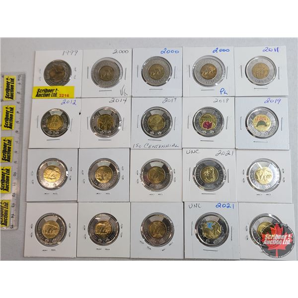 Canada Toonies (20) : 1999; 2000 (3); 2011; 2012; 2014; 2017; 2018; 2019 (3); 2021 (7); 2022 (SEE PI