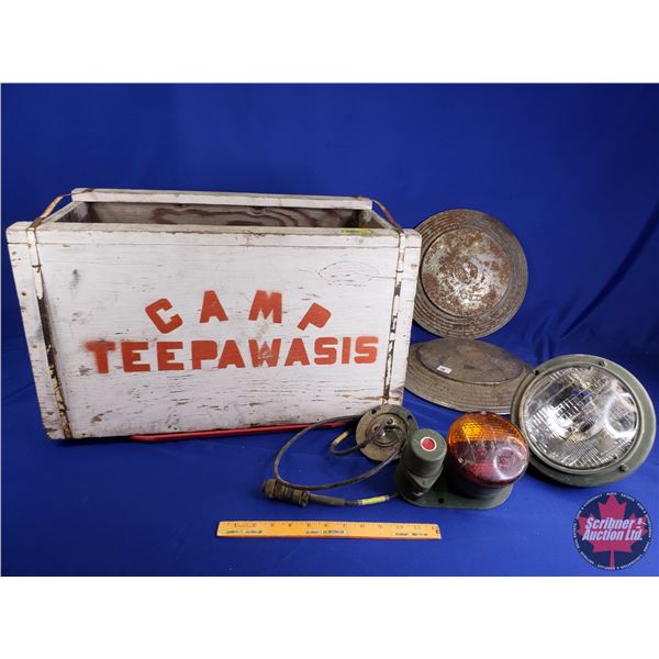 Camp Teepawasis Wooden Crate w/Wheel Covers (2) & Military Lights (Leopard Tank Tail Light) (Crate M