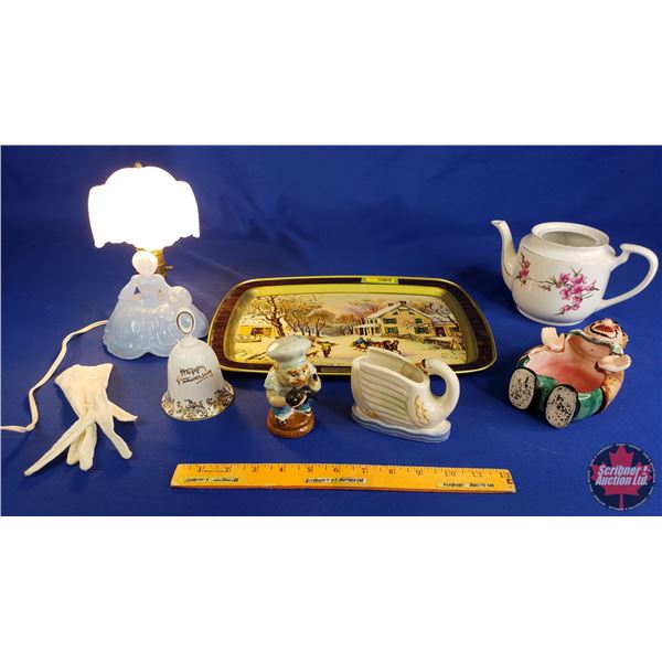 "America Homestead Winter" Tray Lot w/Vintage Satin Blue Glass Southern Belle Vanity/Boudoir Lamp, A