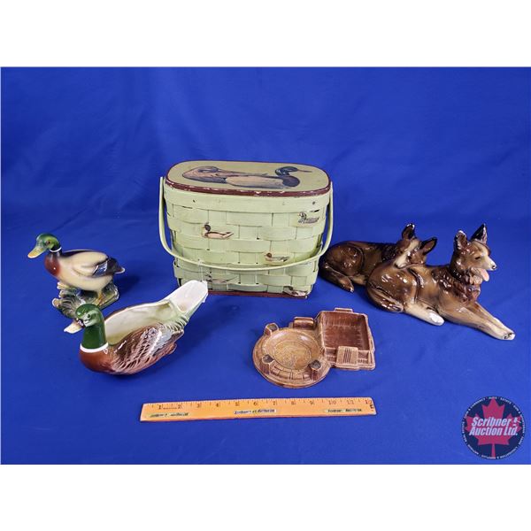 Ducks & Dogs Collector Combo : Painted Basket, Chalkware Dogs, Genuine Burwood Ashtray, Napkin Holde