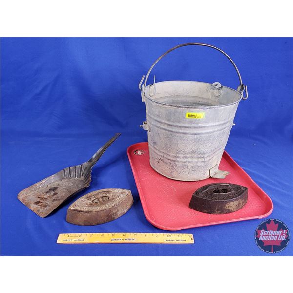 Galvanized Bucket w/Scoop & Sad Irons (2) (Bucket Measures : 10"H x 11"Dia) (SEE PICS!)