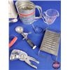 Image 2 : Vintage Kitchen Collector Combo : Flour Sifter, Hand Crank Whiskers, Graters, Measuring Cup, Chicken