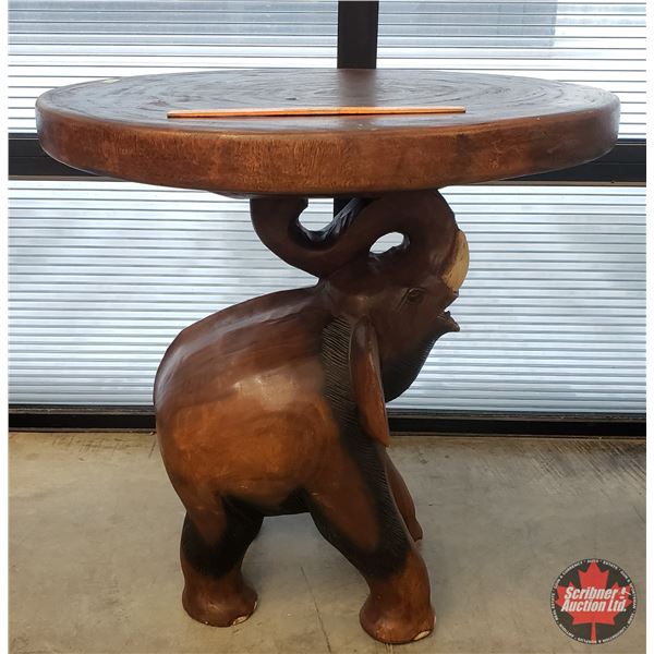 Carved Wooden Elephant Side Table (32 H x 30 Dia - Heavy) (SEE PICS!)